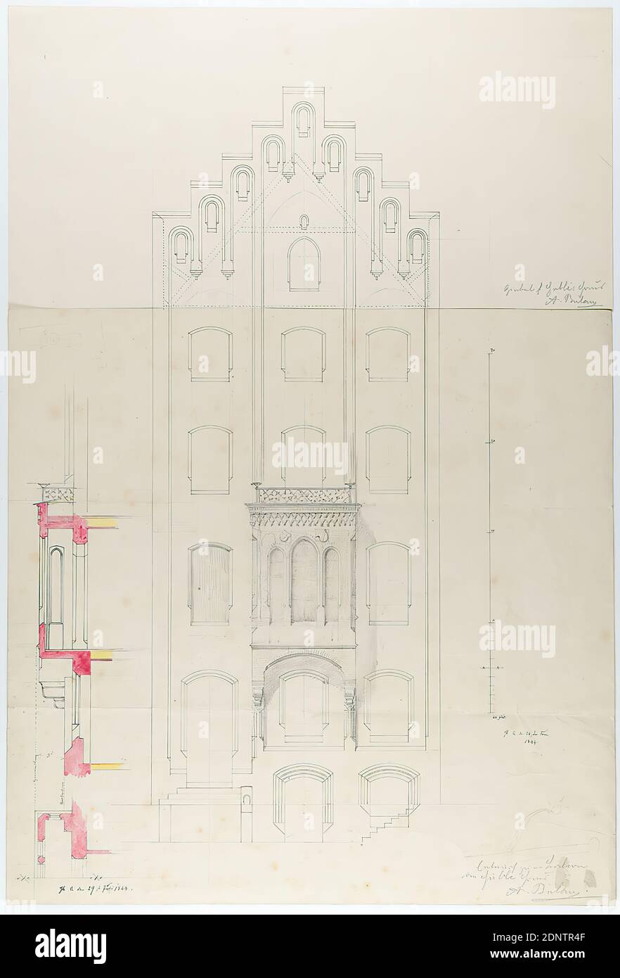 Theodor Bülau, Hübbe'sche Haus, Ferdinandstr. 65, Hamburg. 3. design of the facade. View and section, paper, pen, ink, pencil, non-opaque watercolor, pen and ink drawing, colored, total (2 parts ): height: 55 cm; width: 37,3 cm, inscribed and dated: recto: in ink: Hb. ☾ [symbol of the waning moon] the 24th of June, 1844, Hb. ☾ [symbol of the waning moon] the 29th of July, 1844, inscribed: recto: in lead: gable f. Hübbe's house, A. Bülau, design for the balcony, von Hübbe Haus, A. Bülau, design drawings, facade, house, building, balcony, architecture Stock Photo