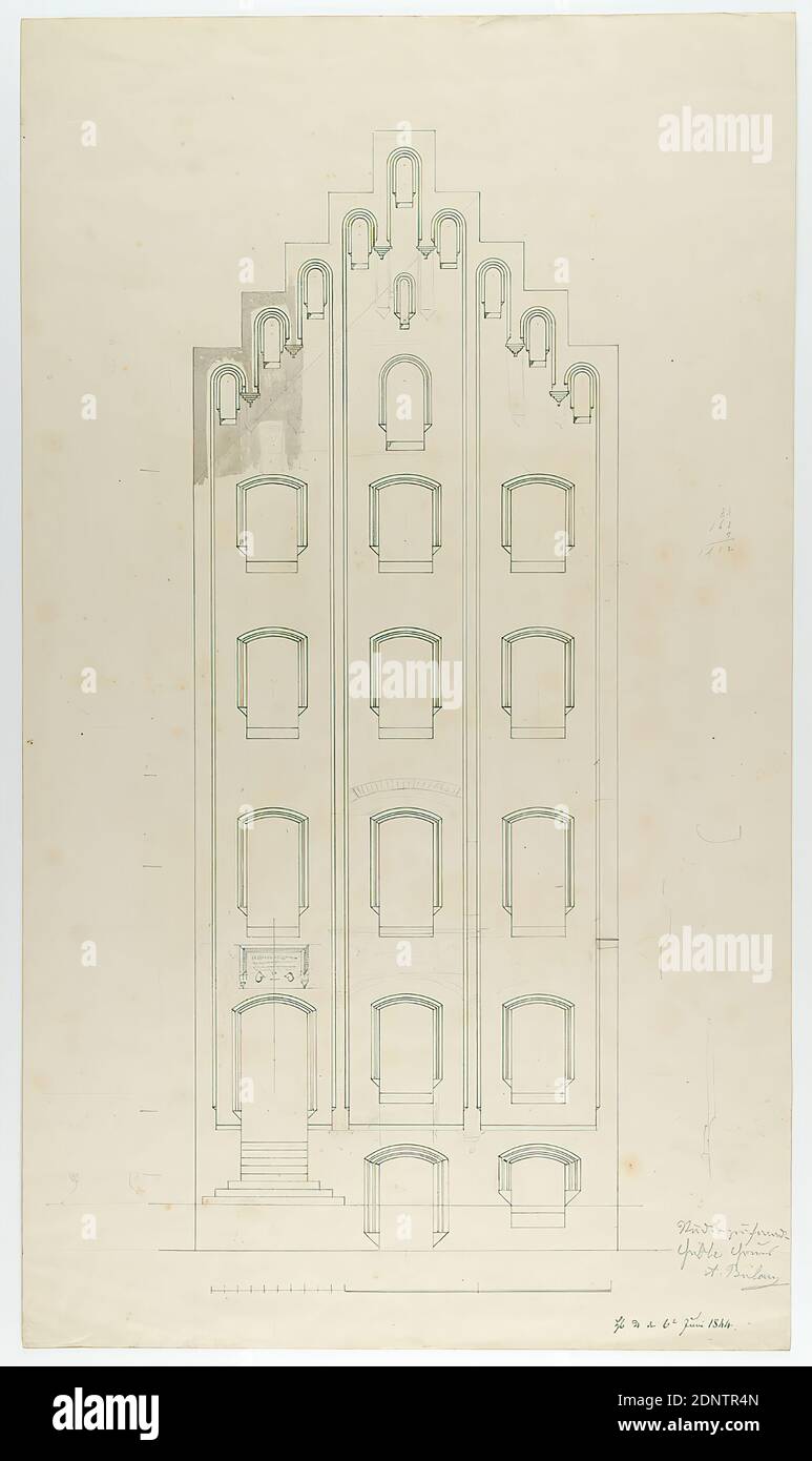 Theodor Bülau, Hübbe'sche Haus, Ferdinandstr. 65, Hamburg. 2. facade design, paper, pen, ink, pencil, pen and ink drawings, washed, sheet size: height: 52 cm; width: 30,3 cm, inscribed and dated: recto: in ink: Hamburg ♃ [Jupiter symbol] the 6th of June, 1844, inscribed: recto: in lead: Hübbe Haus, A. Bülau, design drawings, facade, house, building, gable Stock Photo