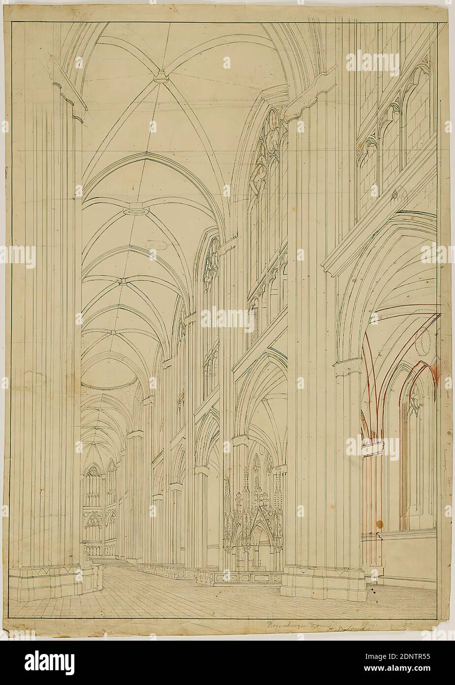 Theodor Bülau, Cathedral, Regensburg. Perspective interior view of the central nave with choir and side aisles, paper, pen, ink, pencil, pen and ink drawing, sheet size: height: 65 cm; width: 46,7 cm, inscribed: recto: in lead: Regensburger Dom, A. Bülau, Popp, drawing, graphics, church interior, choir, central nave, architecture Stock Photo