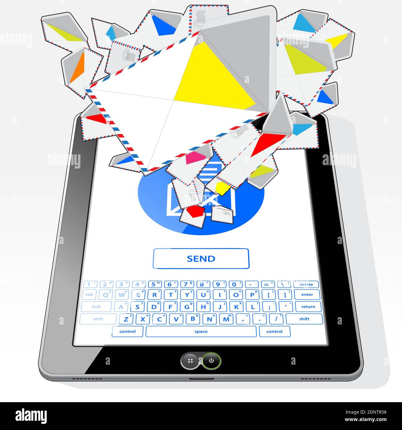 A Tablet Computer with touchscreen keyboard, sending and receiving electronic mail. A stream of emails are randomly emitting from its screen. Stock Vector