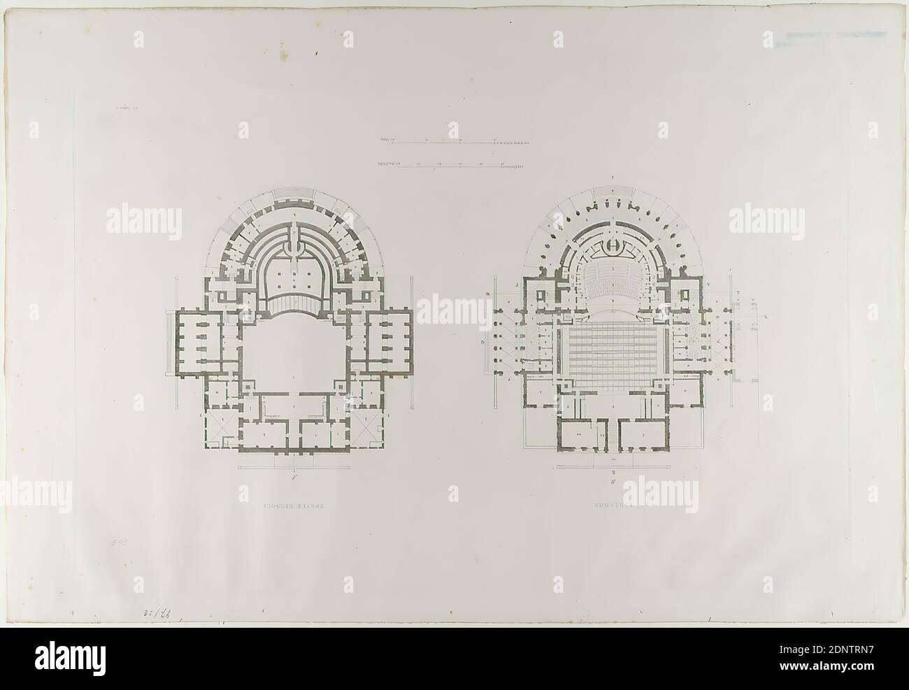Ernst Christian Schmidt, Verlag Friedrich Vieweg und Sohn, Gottfried Semper, floor plans of the lower rooms and the first floor. From the portfolio Das Königliche Hoftheater zu Dresden, ed. by Gottfried Semper, Braunschweig 1849, old stock, probably a 1903, paper, copperplate engraving, plate: height: 28 cm; width: 45 cm, inscribed: in the printing forme: E. C. Schmidt sc, TAB IV, address, portfolio works, draft, plan of a building, theater, theater performance, architecture, opera house, hist. Building, locality, street Stock Photo