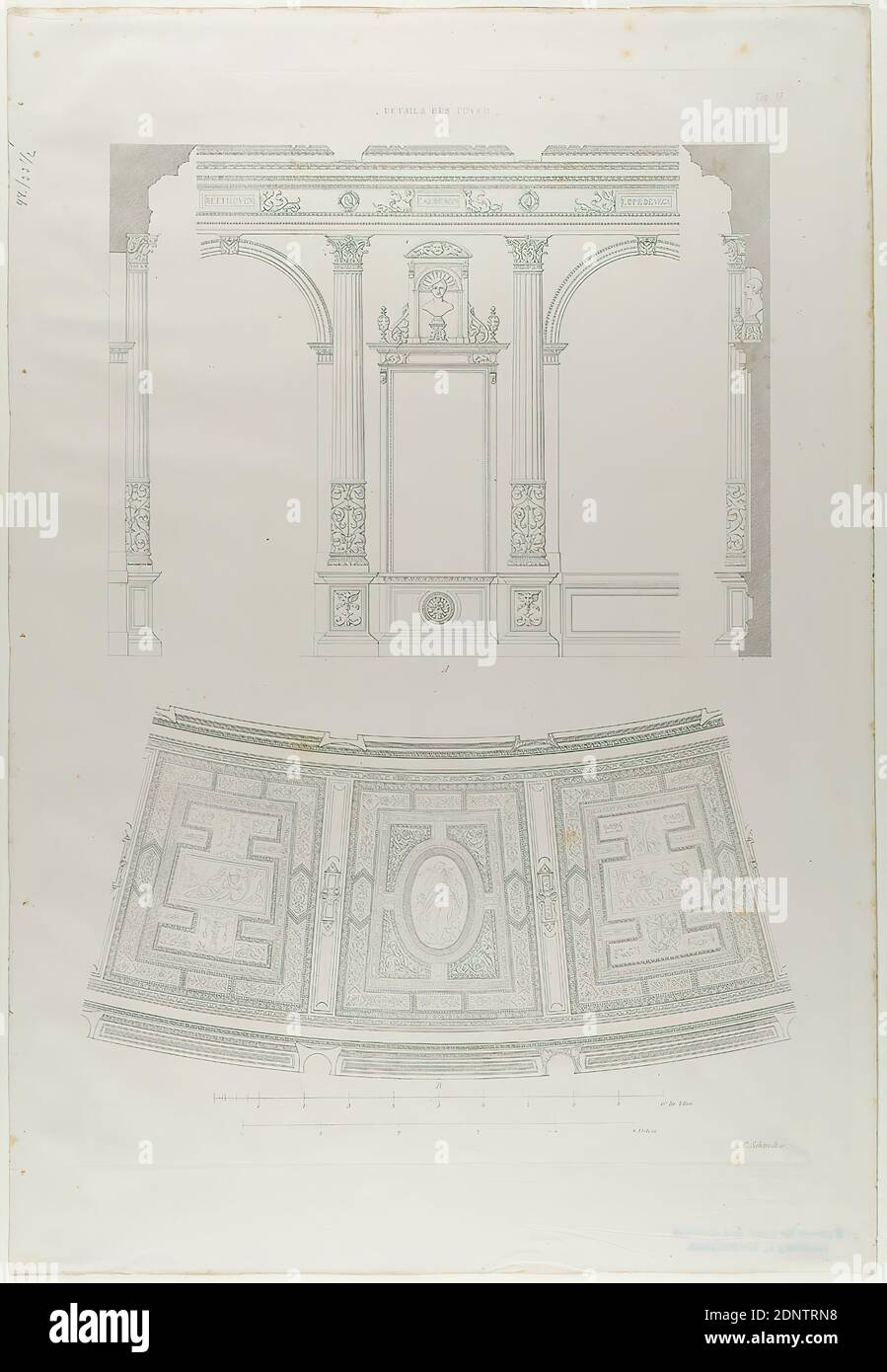 Ernst Christian Schmidt, Verlag Friedrich Vieweg and son, Gottfried Semper, details of the foyer. From the portfolio Das Königliche Hoftheater zu Dresden, ed. by Gottfried Semper, Braunschweig 1849, old stock, probably a 1903, paper, copperplate engraving, plate: height: 45 cm; width: 33.5 cm, inscribed: in the printing plate: E. C. Schmidt sc, TAB XI, address, portfolio works, section through an architecture, foyer, architectural details Stock Photo