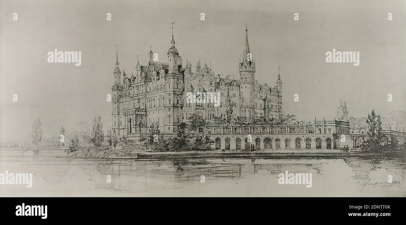 Gottfried Semper, design for the reconstruction of the castle, Schwerin. Perspective of the castle lake side, old stock, probably a 1903, cardboard, collotype print, image size: height: 17.5 cm; width: 35.8 cm, signed: exposed: G. Semper, inscribed: recto on the cardboard: in lead: design for Großherz. Schloß Schwerin, after pencil drawing, stamp: recto: address, prints, printed matter, castle, palace, lake, architecture, tower, castle, castle, hist. building, locality, street, Schwerin Stock Photo