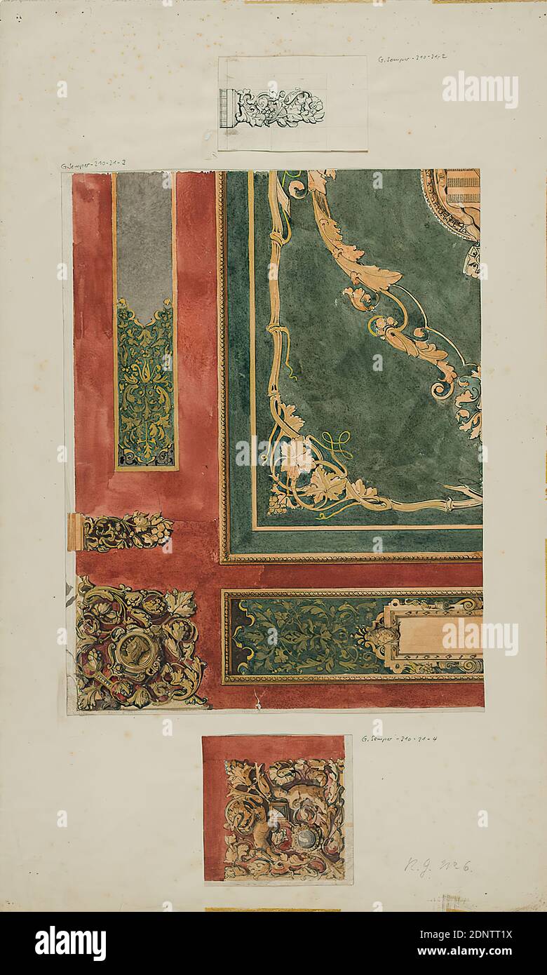Gottfried Semper, drawing for the cover of a splendid binding with detailed drawing (corner fitting and hinge band), old stock, probably a 1903, paper, pen and ink drawing, colored, sheet size (to): Height: 34.9 cm; Width: 26.9 cm, Stamp: recto on the box: design drawings, coat of arms shield, heraldic symbol Stock Photo