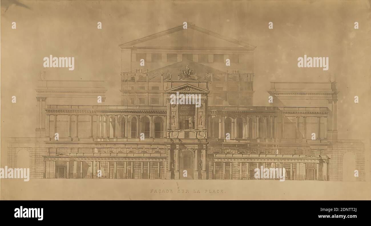 Gottfried Semper, front view. Design of the Imperial Theater in Rio de Janeiro, old stock, probably a 1903, copy paper, black and white positive process, sheet size: height: 35 cm; width: 60 cm, inscribed: exposed: FAÇADE SUR LA PLACE, inscribed: recto on the cardboard: in lead: Theater for Rio Janeiro, front view, cut through an architecture, opera house, architecture, architectural drawing or model, facade, house, building, theater, theater performance, hist. building, locality, street Stock Photo