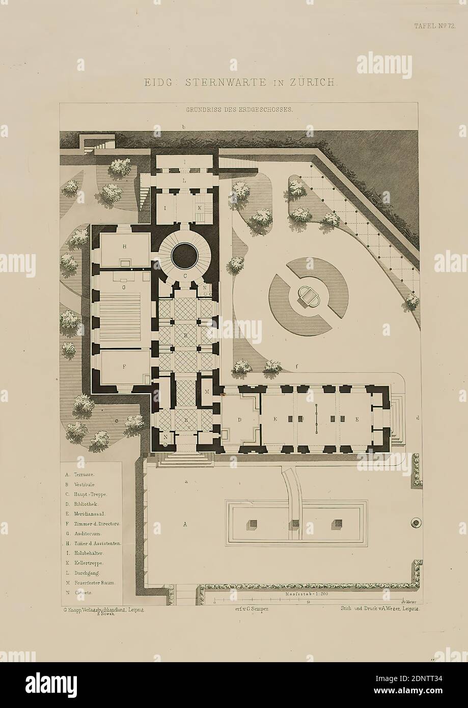 G. Knapp, Verlagsbuchhandlung Leipzig, August Weger, Gottfried Semper,  design for the Swiss Federal Observatory in Zurich. Floor plan of the first  floor, old stock, probably a 1903, paper, copperplate engraving, sheet size: