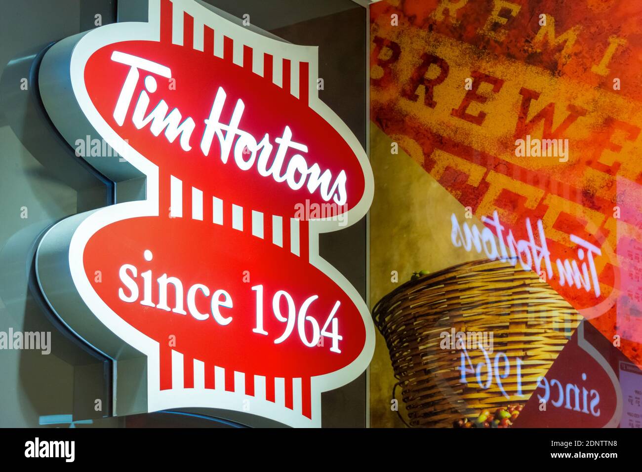 Tim Hortons sign in a restaurant, Toronto, Canada Stock Photo
