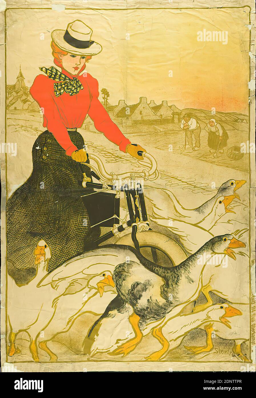 Théophile-Alexandre Steinlen, Imprimerie Charles Verneau, Motocycles Comiot, paper, lithography, total: height: 138,5 cm; width: 95,5 cm, signed: im Druck unten rechts: Steinlen, product and business advertising (posters), product advertising (posters), bicycle, two-wheeler, geese, agriculture, traffic and transport, woman Stock Photo