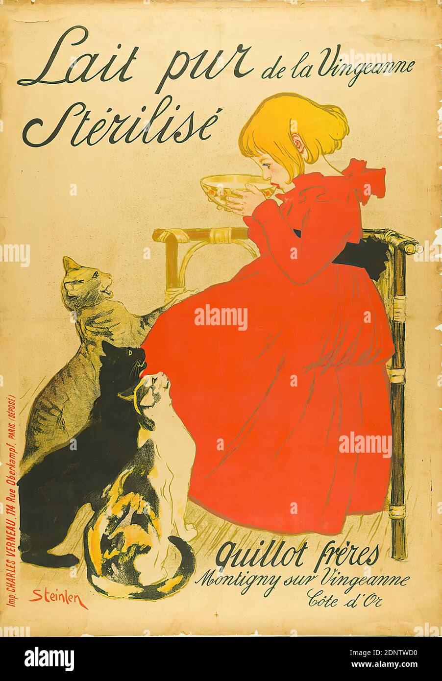 Théophile-Alexandre Steinlen, Imprimerie Charles Verneau, Lait pur de la Vingeanne Stérilisé, paper, lithography, Total: Height: 142 cm; Width: 99,5 cm, signed: bottom left in printing form: Steinlen, product and business advertising (posters), product advertising (posters), cat, milk, child, girl, drinking, human and animal Stock Photo