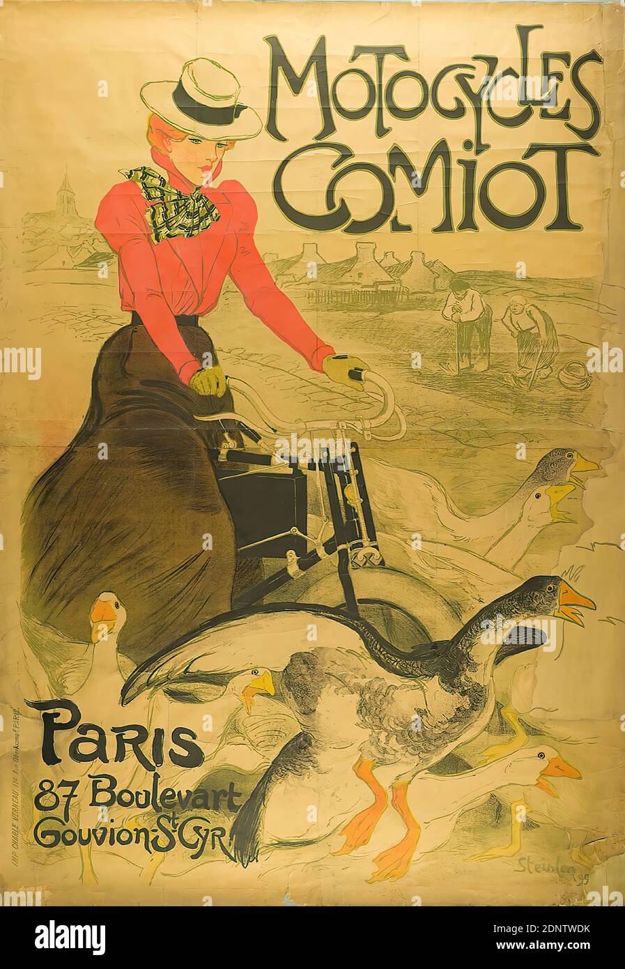 Théophile-Alexandre Steinlen, Imprimerie Charles Verneau, Motocycles Comiot, paper, lithography, Total: height: 198 cm; width: 138 cm, signed and dated: in print lower right: Steinlen 99, product and business advertising (posters), product advertising (posters), bicycle, two-wheeler, geese, rural life, woman Stock Photo
