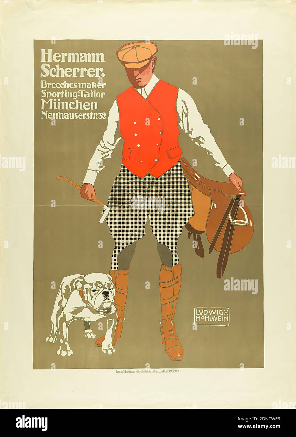 G. Schuh & Cie. (Munich), Ludwig Hohlwein, Hermann Scherrer. Breechesmaker Sporting-Tailor Munich, paper, lithograph, total: height: 125 cm; width: 91 cm, signed and inscribed: u. r. in the printing plate: LUDWIG HOHLWEIN, product and business advertising (posters), man, rider, saddle and bridle, dog, men's fashion, advertising, advertisement, art nouveau Stock Photo
