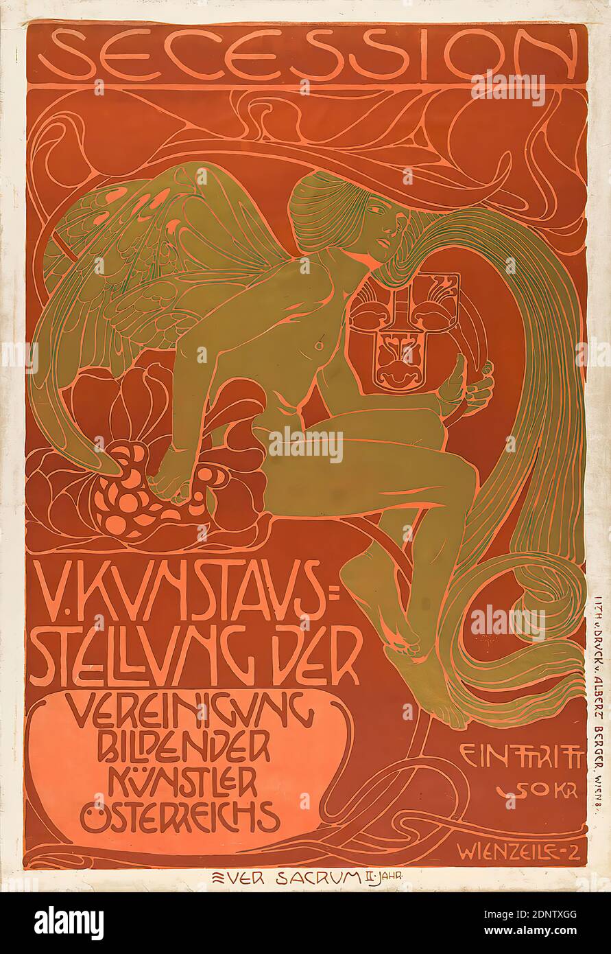 Ver Sacrum, Koloman Moser, Lithographische Anstalt Albert Berger, Secession V. Art exhibition of the Vereinigung bildender Künstler Österreichs, lithography, total: height: 100,20 cm; width: 69,00 cm, signed: u. r. in print: KOLO MOSER, exhibition posters, Genii, Jugendstil Stock Photo