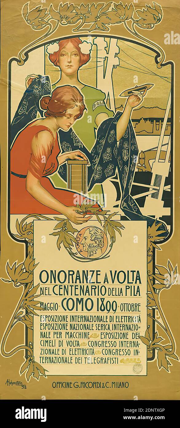 G. Ricordi e C, Adolfo Hohenstein, Onoranze a Volta nel Centenario della Pila, lithography, total: height: 108,50 cm; width: 50,00 cm, signed and dated: lower left in print: AHohenstein 98, exhibition posters, woman, standing figure, seated figure, plant ornaments, medallion (ornament), electricity and magnetism, art nouveau Stock Photo