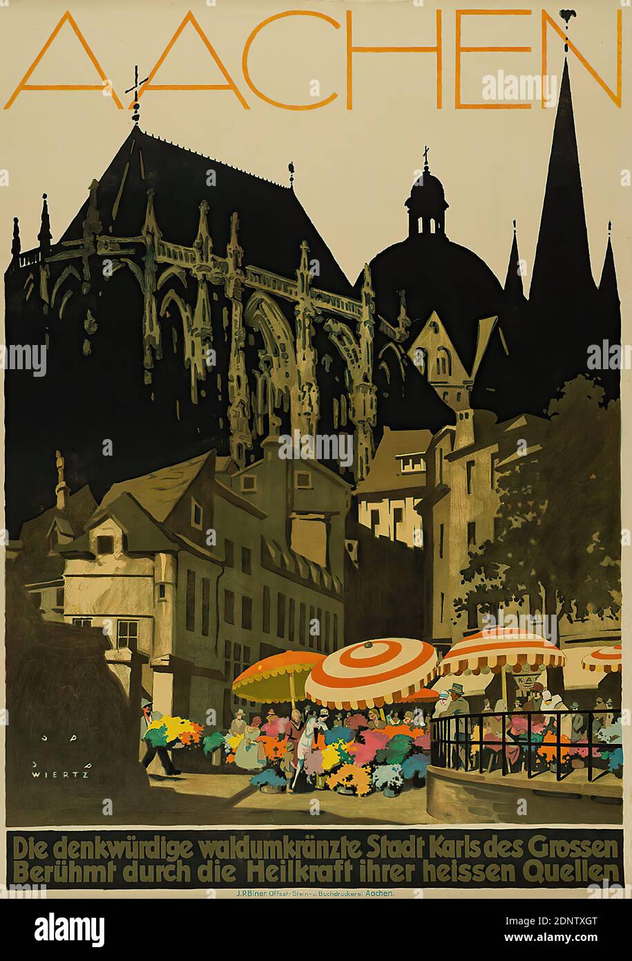 J. P. Biner, Jupp Wiertz, Aachen - The memorable wooded city of Charlemagne. Famous for the healing power of its hot springs, paper, lithography, Total: Height: 96,2 cm; Width: 68,2 cm, signed: recto u. li. Print: JUPP WIERTZ, Tourism posters, City, City view (veduta), Exterior of a church Stock Photo