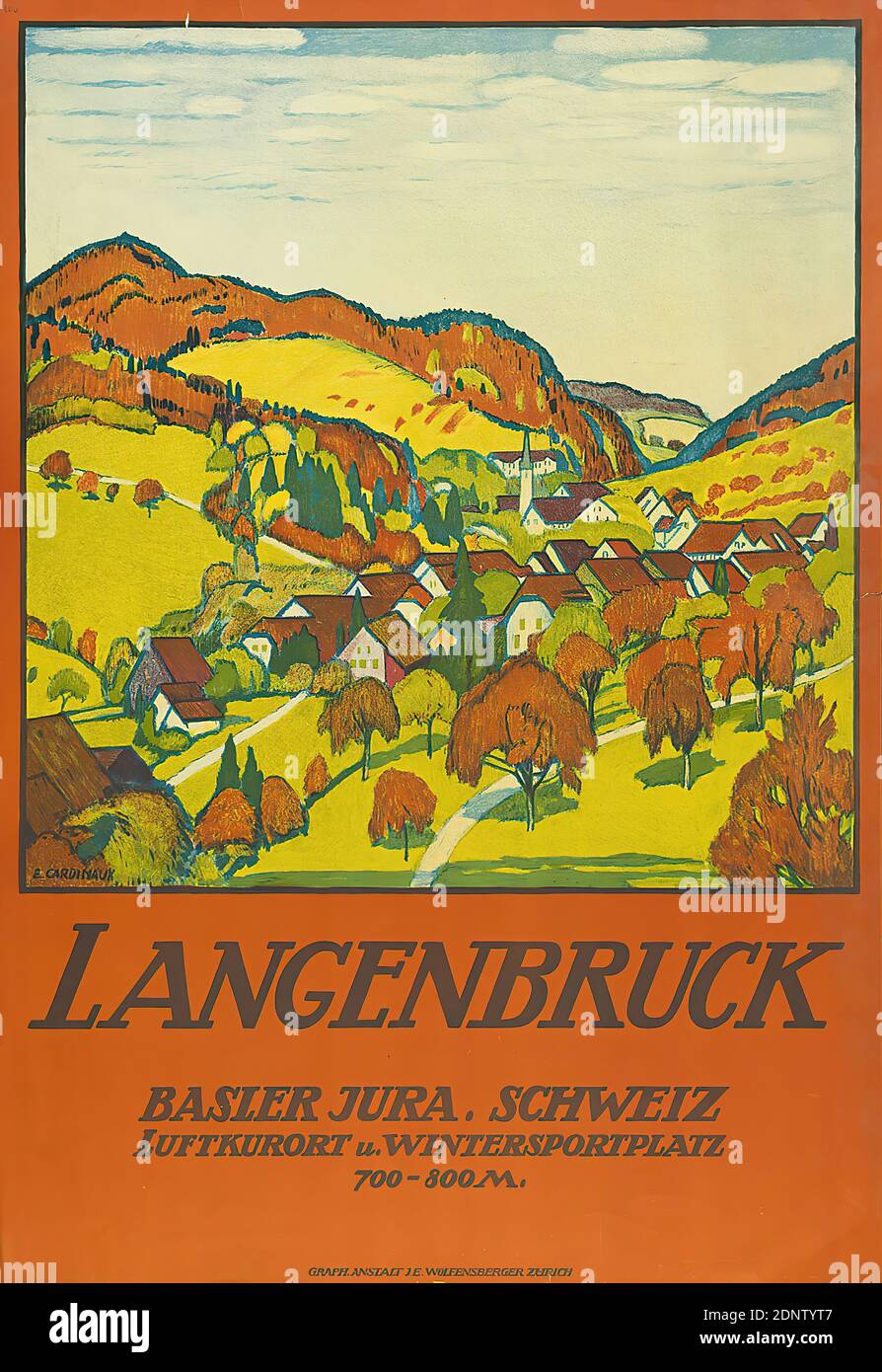 Graph. Institution J. E. Wolfensberger, Emil Cardinaux, Langenbruck. Basler Jura, Switzerland - climatic health resort and winter sports field, paper, lithography, total: height: 100 cm; width: 69,3 cm, signed: recto u. li. in print: E. CARDINAUX, tourism posters, landscapes, waters, city view, city, city view (veduta), hist. place, town, village, mountains, mountains Stock Photo