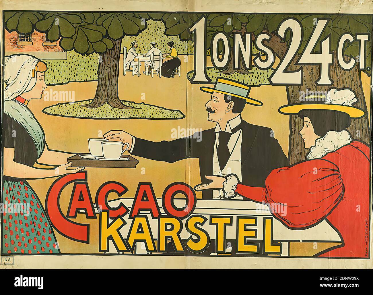 Johann van Caspel, S. Lankhout & Co, Cacao Karstel, paper, lithography, total: height: 97,3 cm; width: 132,5 cm, signed: in print bottom right: LANKHOUT LITH, product advertising (posters), terrace/tables and chairs in front of an inn, restaurant, on the sidewalk, chocolate, cocoa, inn, coffee house, pub, trees, shrubs, art nouveau Stock Photo