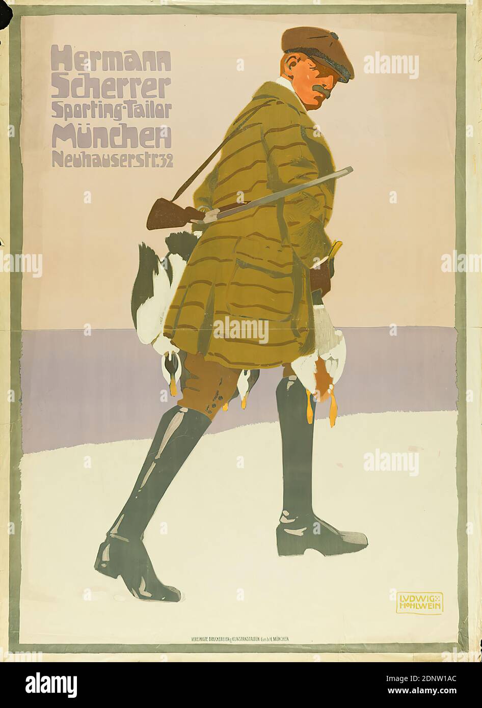 G. Schuh & Cie. (Munich), Ludwig Hohlwein, Hermann Scherrer Sporting Tailor Munich, paper, lithography, total: height: 124.7 cm; width: 90.5 cm, signed: u. r. in the printing plate: LUDWIG HOHLWEIN, product advertising (posters), weapons, equipment, hunting clothing, man, rifle, birds, art nouveau Stock Photo