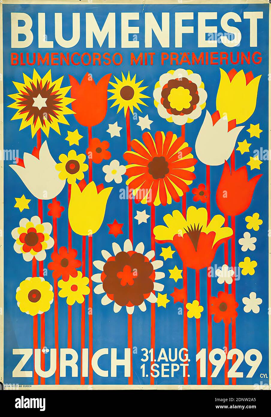 Walter Cyliax, Gebr. Fretz Graph. Workshops, Flower Festival. Flower parade with award ceremony. Zurich 1929, lithograph, total: height: 128.3 cm; width: 90.2 cm, monogrammed: bottom right in print: CYL, event posters, flowers Stock Photo
