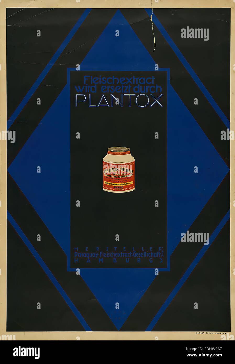 Lithographische Kunstanstalt C. Adler, Jupp Wiertz, Fleischextract is replaced by Plantox, paper, offset lithography, total: height: 73,5 cm; width: 51 cm, signed: recto bottom in print: JUPP WIERTZ, product advertising (posters), container, Essen Stock Photo