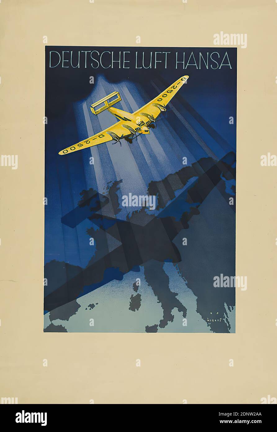 Jupp Wiertz, Deutsche Luft Hansa, paper, offset lithography, total: height: 59 cm; width: 41 cm, signed, in the printing form: JUPP WIERTZ, in lead: summer 1933, product advertising (posters), product and business advertising (posters), tourism posters, airplane, shadows, maps, atlases, earth, world Stock Photo