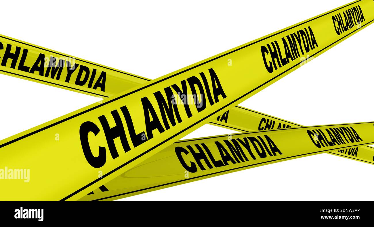 Chlamydia. Yellow warning tapes with black words CHLAMYDIA (is a sexually transmitted infection). Isolated. 3D Illustration Stock Photo