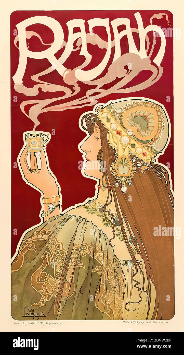 Henri Privat-Livemont, L. van Leer & Co, Rajah, paper, lithography, total: height: 78,8 cm; width: 44,6 cm, signed: bottom left in print: Privat Livemont, product advertisement (posters), woman, cup and saucer, coffee, art nouveau Stock Photo
