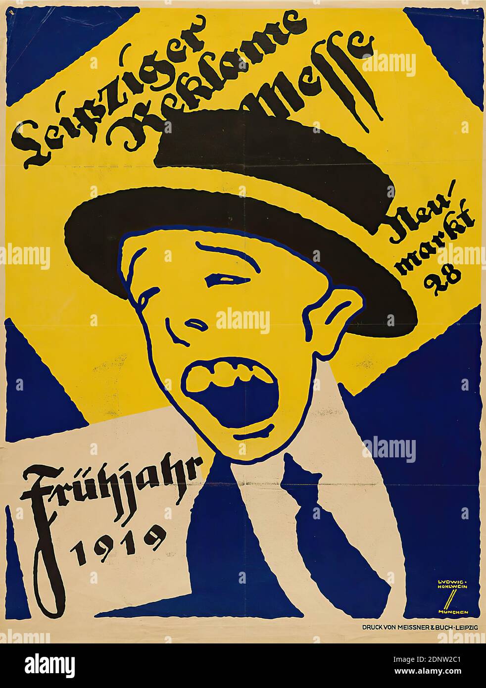 Ludwig Hohlwein, Meissner & Buch, Leipziger Reklamemesse spring 1919, paper, lithography, total: height: 78 cm; width: 59,2 cm, signed: recto u. r. in print: LUDWIG HOHLWEIN, MUNICH, trade fairs/exhibitions, event posters, advertising, billboard, head, face, expression (facial expression Stock Photo