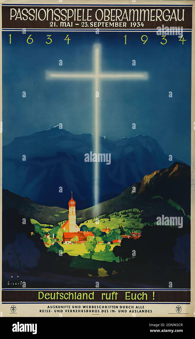 Jupp Wiertz, Passion Plays Oberammergau, 1934, paper, offset lithography, total: height: 102 cm; width: 63,5 cm, signed: recto u. li. in print: JUPP WIERTZ, tourism posters, event posters, landscape with plants, village, exterior of a church, cross, supernatural light, travel/tourism, passion of Christ, theater, theater performance, periodic festivities, folk festivals Stock Photo