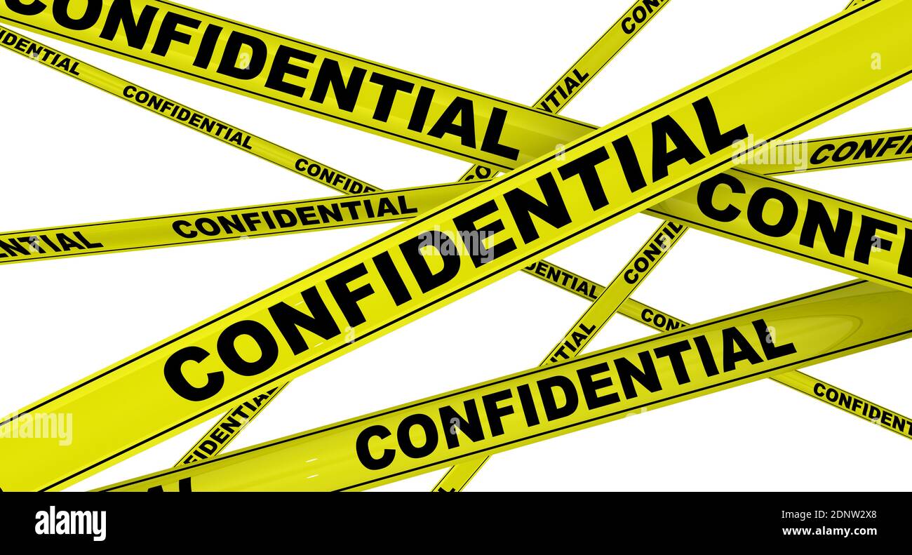 Confidential. Yellow warning tapes labeled with CONFIDENTIAL word. Isolated. 3D Illustration Stock Photo