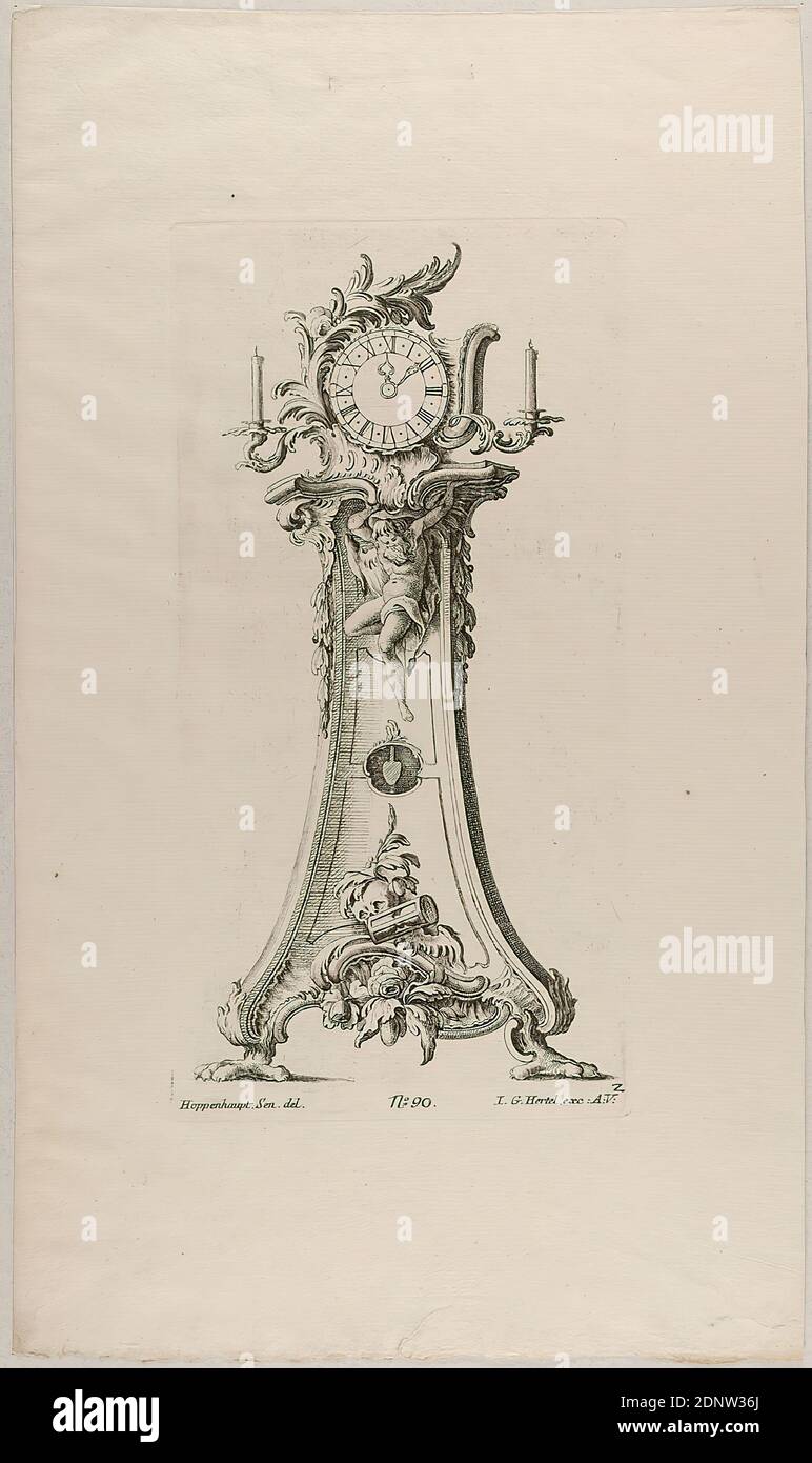 Johann Michael Hoppenhaupt, Johann Georg Hertel, grandfather clock, reprint of sheet 2 of the series grandfather clocks on slim case, paper, etching, sheet size: height: 41.00 cm; width: 23.90 cm, in the plate: inscribed and numbered: Hoppenhaupt. Sen. del, No. 90, I. G. Hertel exc: A: V, 2, printmaking,printing, Timepieces/Clock, Rococo Stock Photo