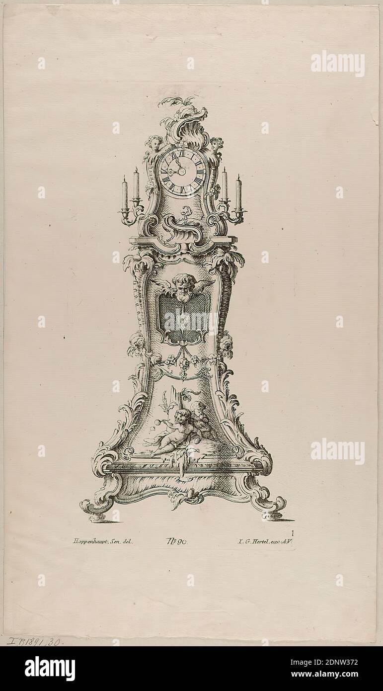 Johann Michael Hoppenhaupt, Johann Georg Hertel, grandfather clock, reprint of sheet 1 of the series grandfather clocks on slim case, paper, etching, sheet size: height: 40,60 cm; width: 23,70 cm, in the plate: inscribed and numbered: Hoppenhaupt. Sen. del, No. 90, I. G. Hertel. exc: A:V, 1, printmaking,printed matter, time, clock, rococo Stock Photo