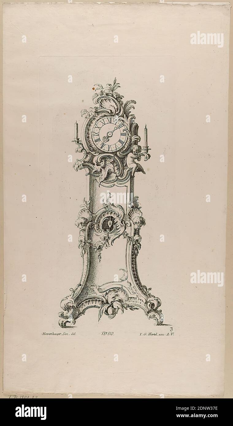 Johann Michael Hoppenhaupt, Johann Georg Hertel, grandfather clock, reprint of sheet 3 of the series grandfather clocks on slim case, paper, etching, sheet size: height: 41.30 cm; width: 23.20 cm, in the plate: inscribed and numbered Hopenhaupt. Sen. del, No. 90, I. G. Hertel. exc: A: V, 3, printmaking,printed matter, time, clock, rococo Stock Photo