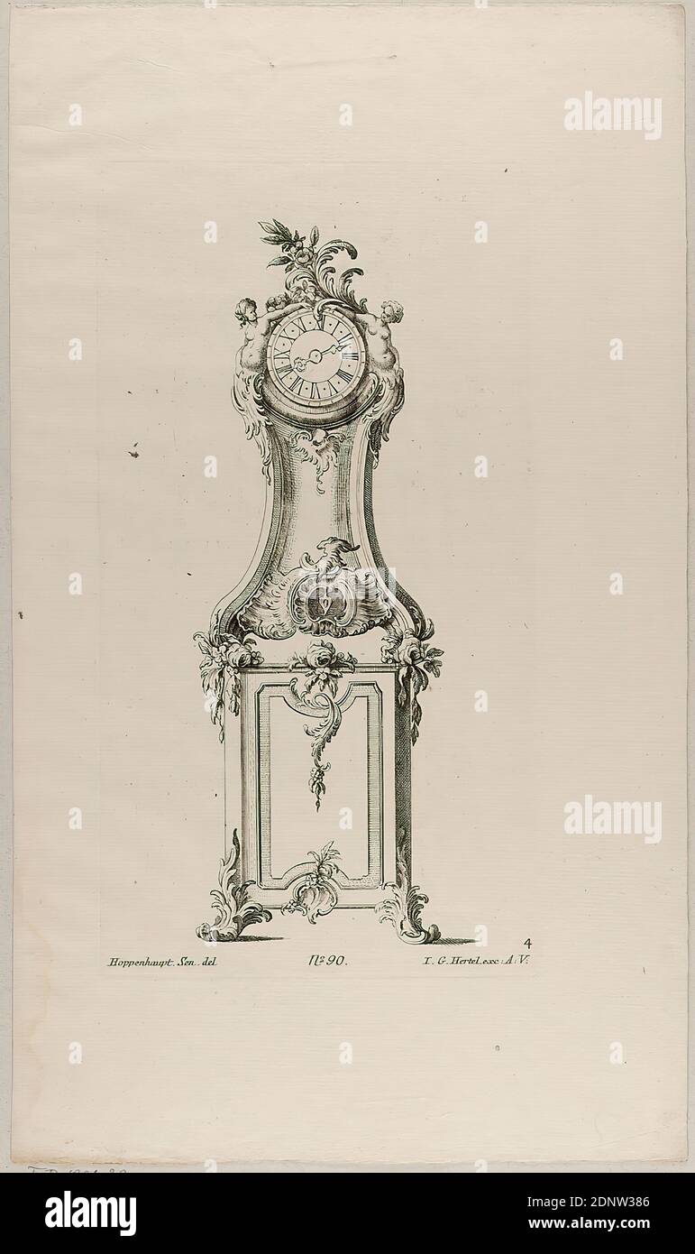 Johann Michael Hoppenhaupt, Johann Georg Hertel, grandfather clock, reprint of sheet 4 of the series grandfather clocks on slim case, paper, etching, sheet size: height: 41.20 cm; width: 24.00 cm, in the plate: inscribed and numbered: Hoppenhaupt. Sen. del, No. 90, I. G. Hertel. exc: A: V, 4, printmaking,printed matter, time, clock, rococo Stock Photo