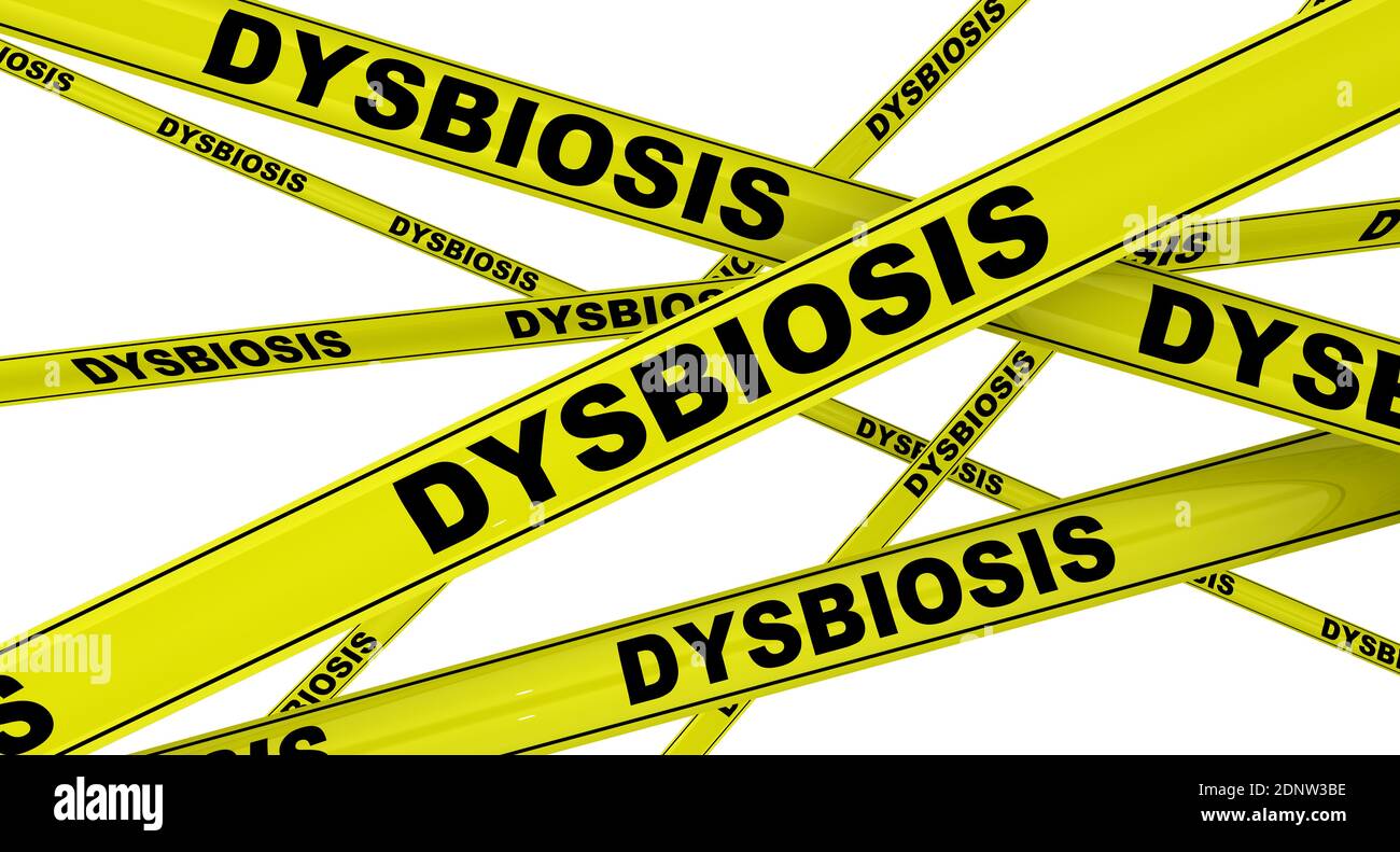 Dysbiosis. Yellow warning tapes with black words DYSBIOSIS (is a term for a microbial imbalance on or inside the body). Isolated Stock Photo