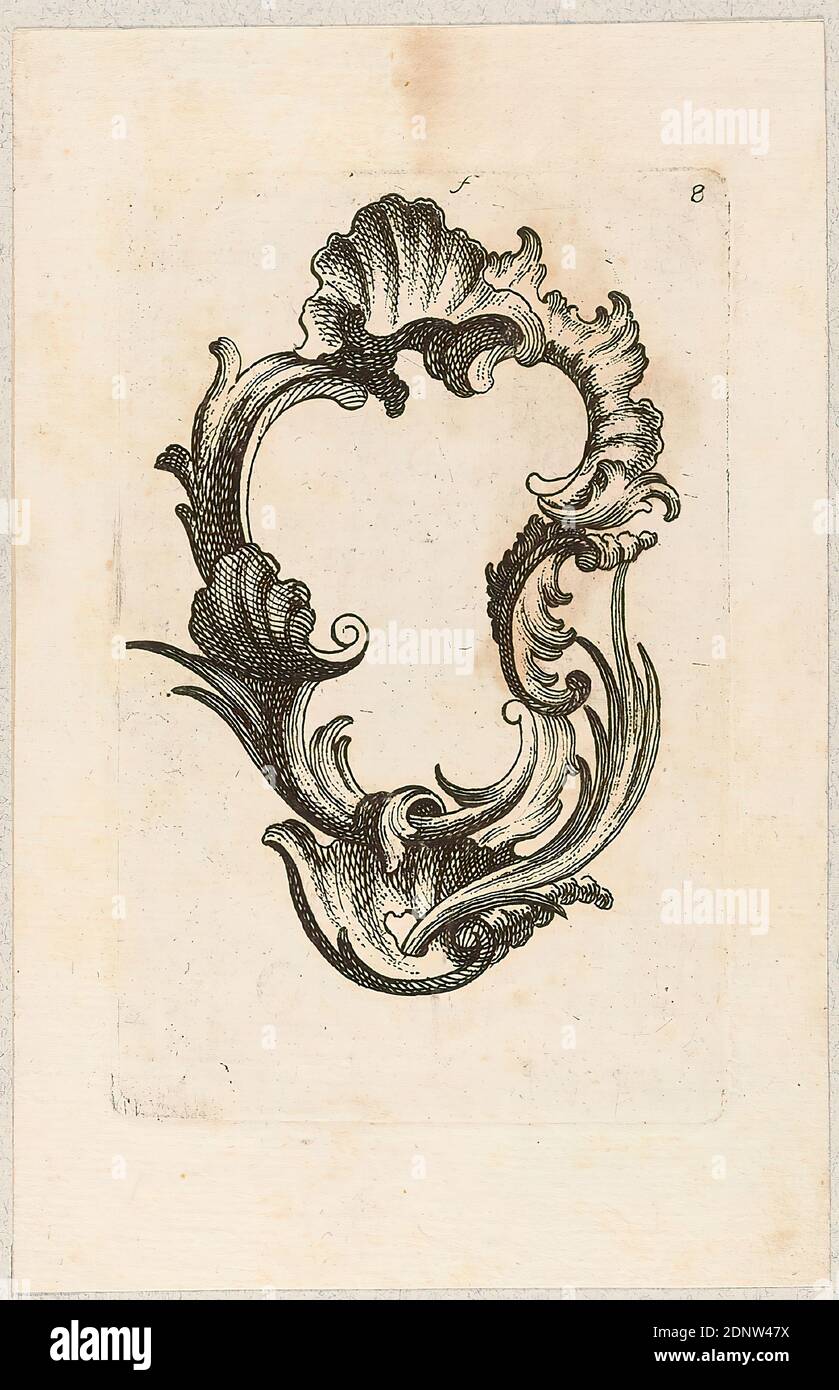 Georg Christoph Kilian, Rocaille cartouche, sheet 8 from the series Kartuschen, Papier, Etching, sheet size: height: 15,00 cm; width: 9,70 cm, numbered: in plate: f 8, prints, printed matter, Rocaille, cartouche (ornament), Rococo Stock Photo