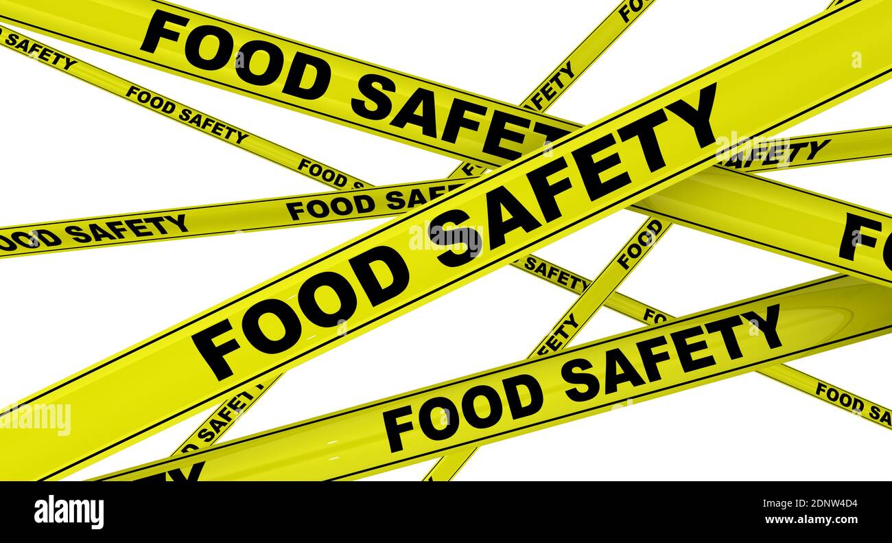 Food safety. Labeled yellow warning tapes. Yellow warning tapes with black text FOOD SAFETY. Isolated. 3D Illustration Stock Photo