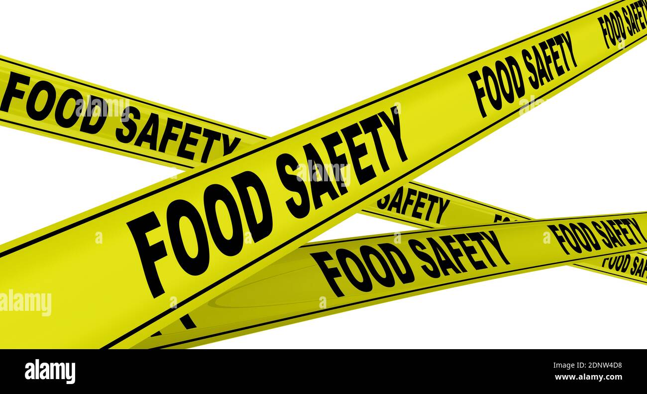Food safety. Labeled yellow warning tapes. Yellow warning tapes with black text FOOD SAFETY. Isolated. 3D Illustration Stock Photo