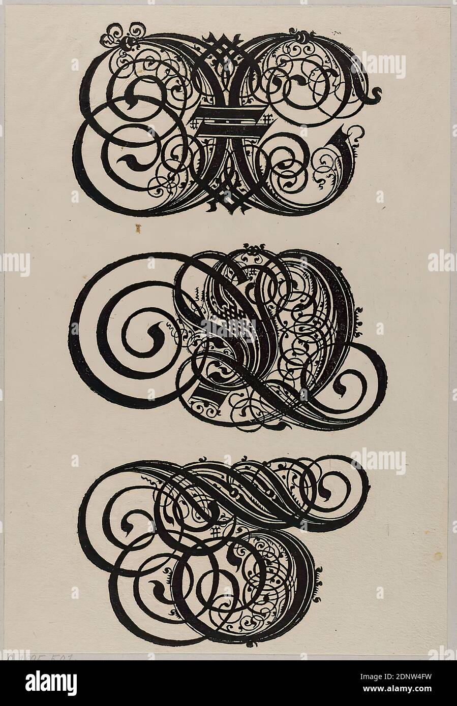 Conrad Bauer, Paulus Franck, Katharina Dietrich, alphabet (ornamental letters X, Y, Z), paper, woodcut, sheet size: height: 28,20 cm; width: 19,40 cm, unmarked, prints, printed matter, letters, alphabet, writing, One of eight sheets with three ornamental letters of the alphabet from each: treasury, all kinds of capitals Latin and German all Cantzleyen from neüen in Druckh thus finished. By Paulum Francken of Gfres from the Voigtlandt Burger von Memmingen, Printed at Nürmberg, by Katharina Dieterichin, In transfer Conrad Bauern 1601 Stock Photo