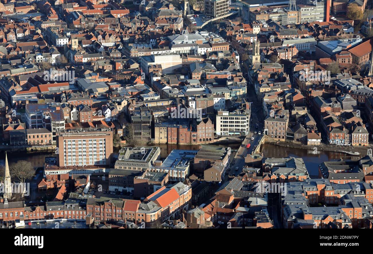 aerial view (from the west looking east) of the River Ouse in York, around Foss Bridge, North Yorkshire, UK Stock Photo