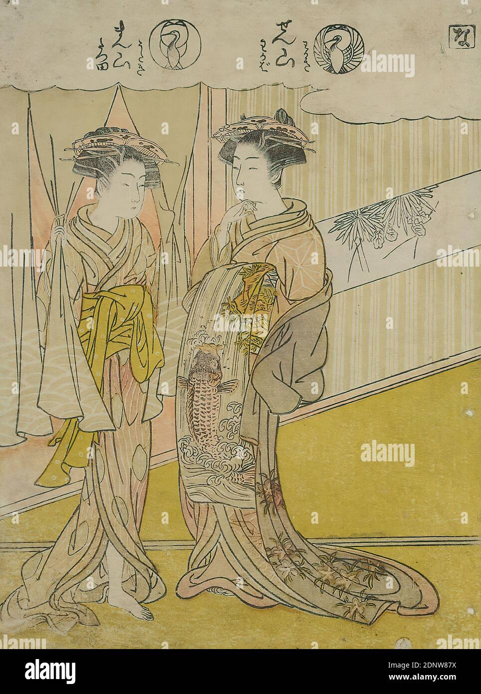 Isoda Koryūsai, Die Damen Senzan und Manzan, from the book: Courtesans in eastern brocade pictures,  Berlin, color woodcut, three-color printing, Total: Height: 21.90 cm; Width: 15.80 cm, unmarked, prints, printed matter, courtesan, hetaera, Edo period Stock Photo