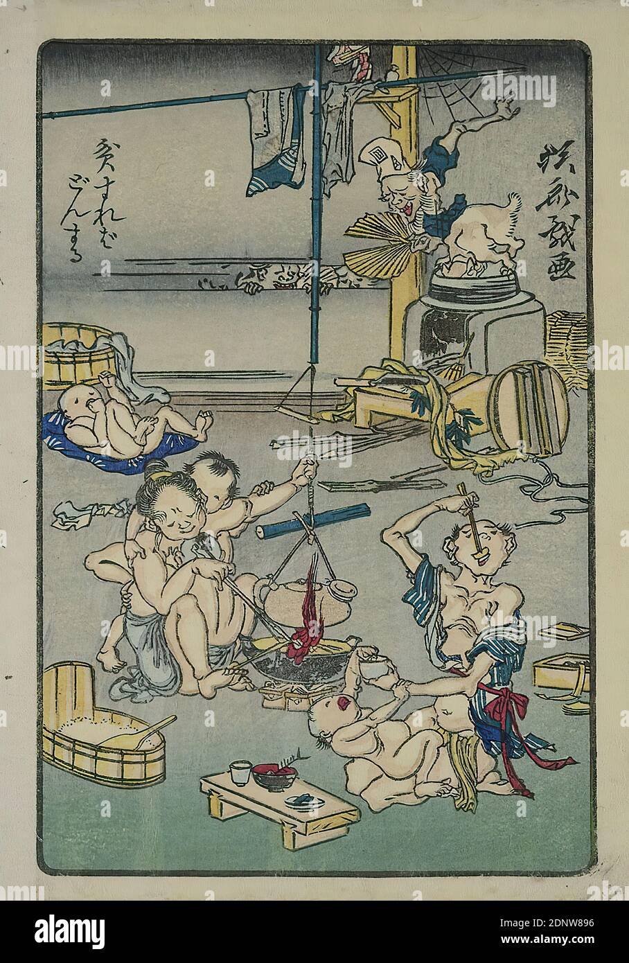 Kawanabe Kyōsai, Proverb: Love makes stupid, from the series: One hundred pictures from Kyōsai, color woodcut, Total: Height: 19.00 cm; Width: 13.50 cm, signed: Kyōsai giga 狂斎戯画, printmaking,printing, proverbs, family life, mythical creatures, monsters, legendary figures, cooking food/preparing food, Edo period Stock Photo