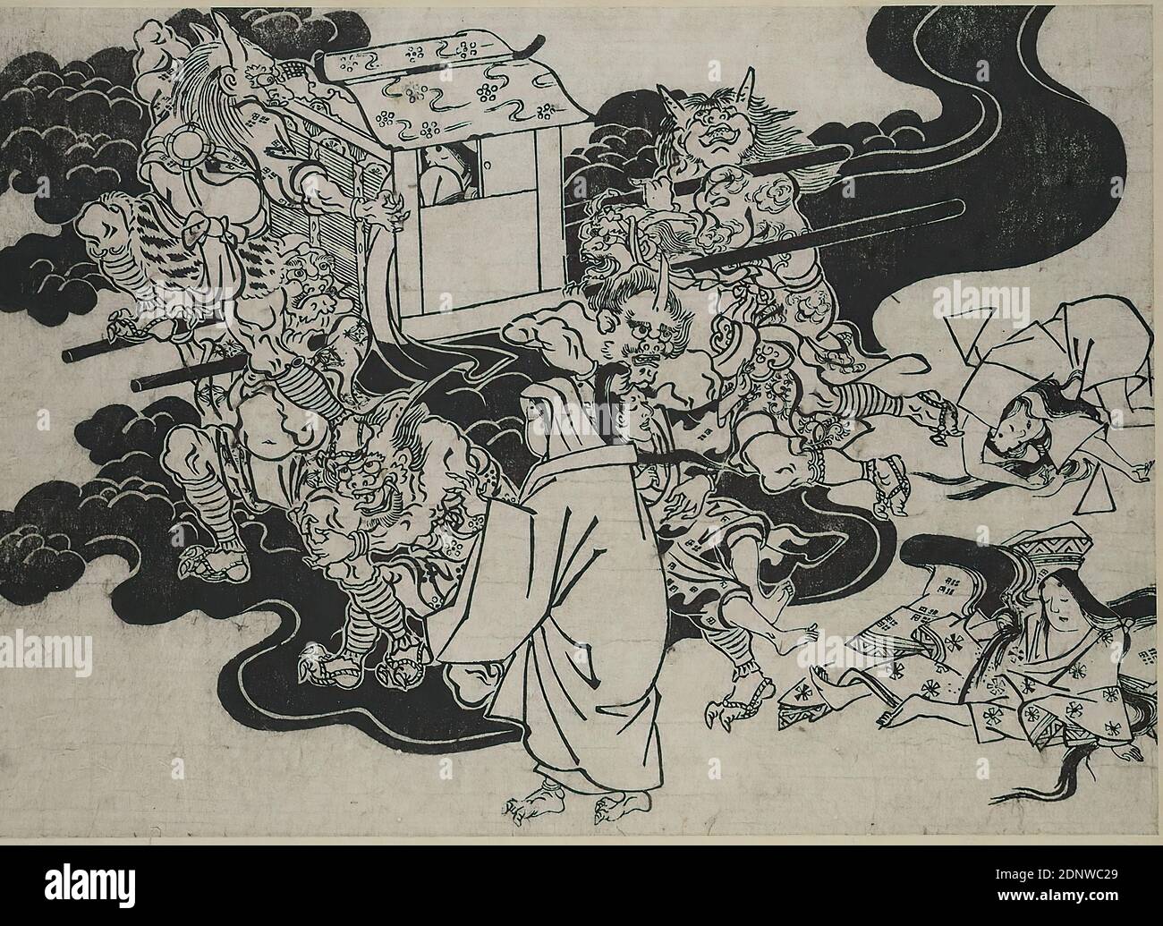 Hishikawa Moronobu, Shutendōji, plate 6, woodcut, total: height: 27,00 cm; width: 35,00 cm, unsigned, prints, printed matter, mythical creatures, monsters, legendary figures, Edo period Stock Photo