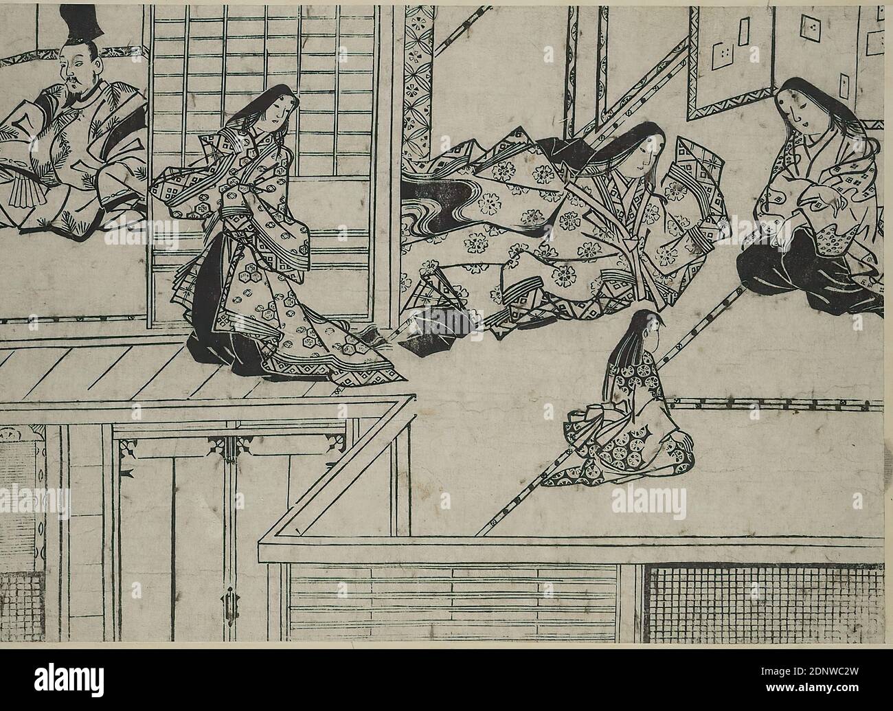 Hishikawa Moronobu, Shutendōji, plate 5, woodcut, total: height: 27,00 cm; width: 35,00 cm, unsigned, prints, printed matter, palace, Edo period Stock Photo
