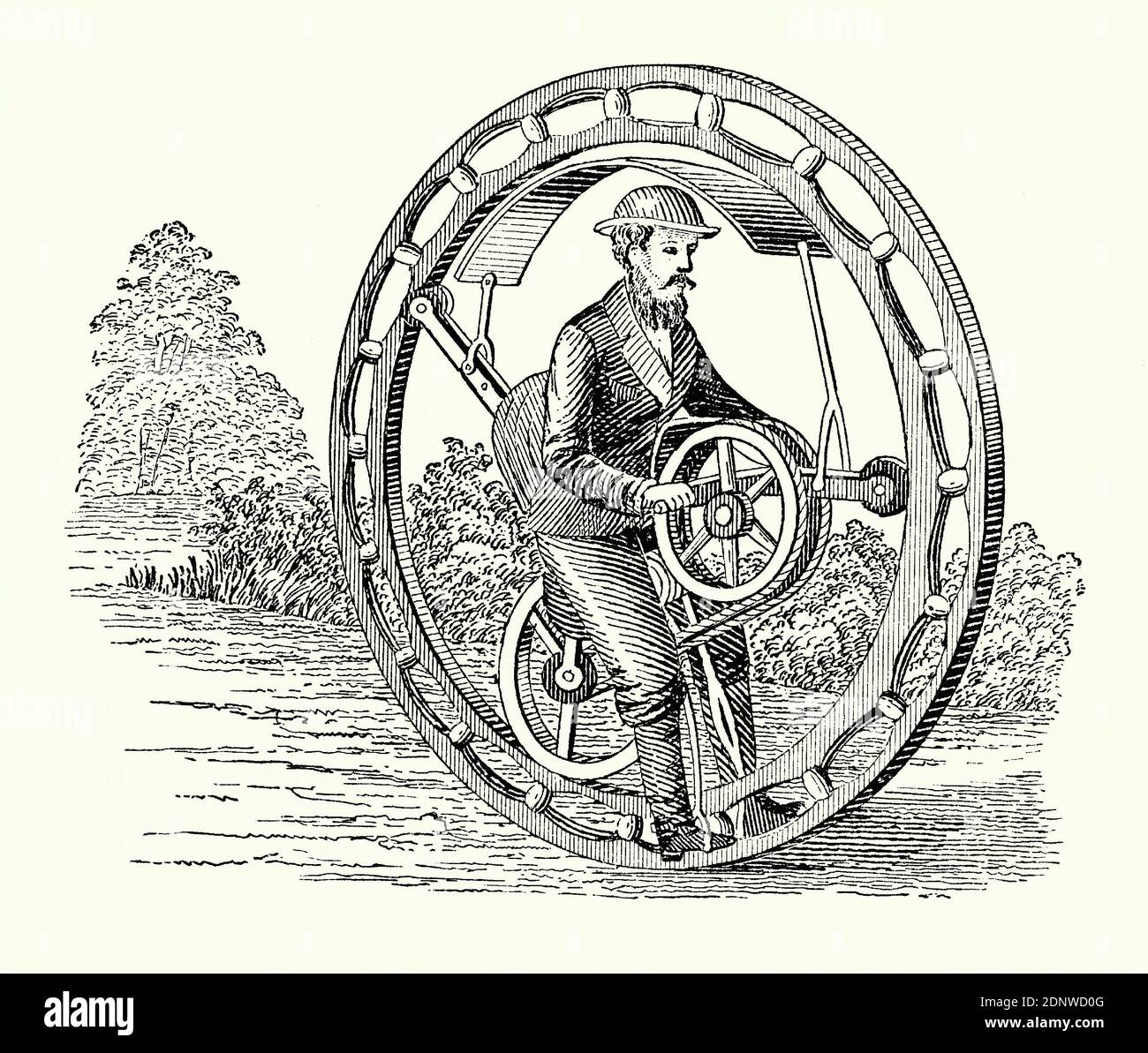 An old engraving of a man riding a ‘monocycle’ bicycle in the 1800s. It