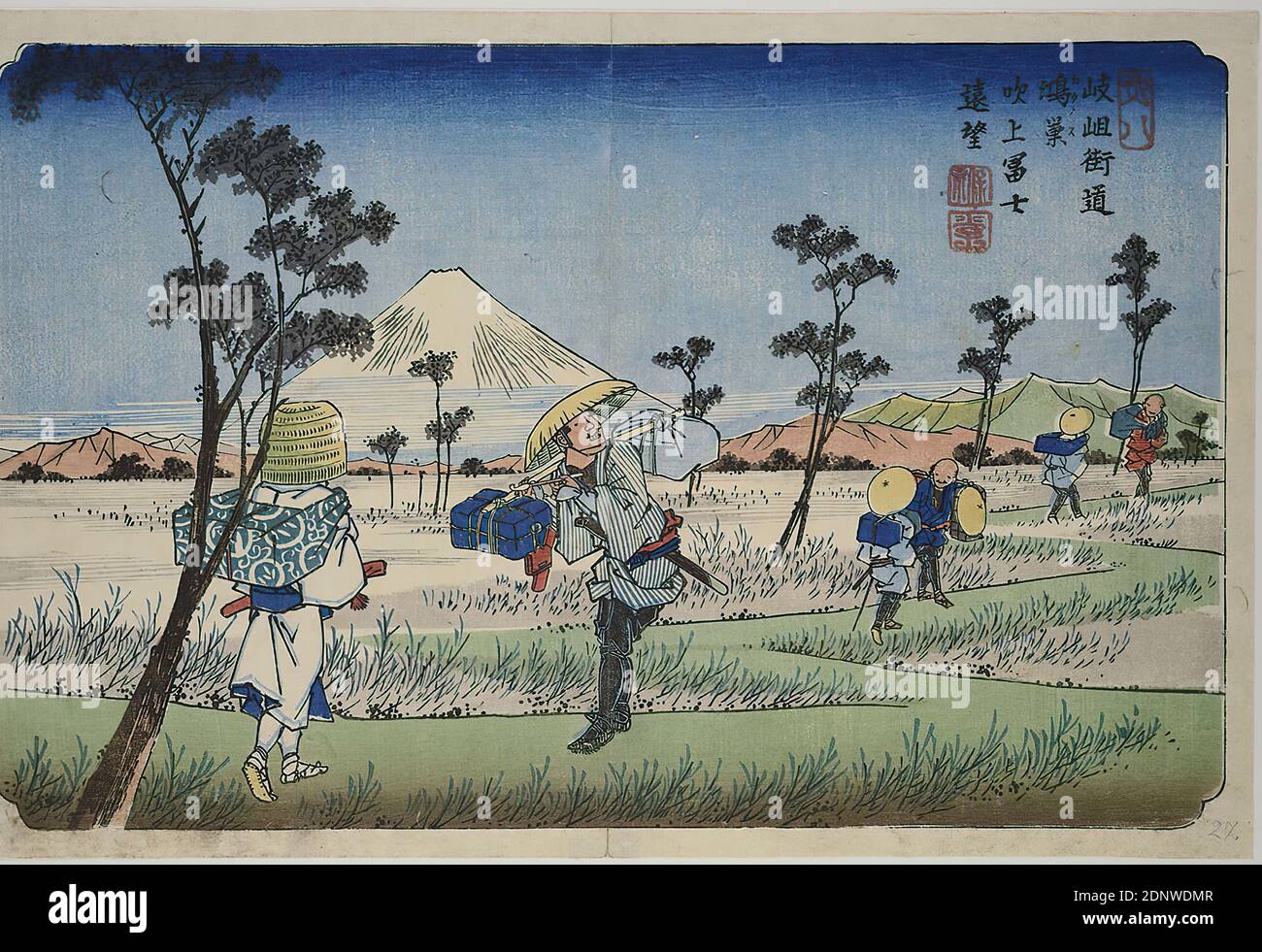 Keisai Eisen, Kōnosu: View of the Fuji from Fukiage, Sheet 8 from the series: The 69 Stations of Kisokaidō, color woodcut, Total: Height: 23,50 cm; Width: 35,50 cm, unsigned: Publisher: Takenuchi Magohachi (Hōeidō), printmaking,printing, Volcanism, Edo period Stock Photo