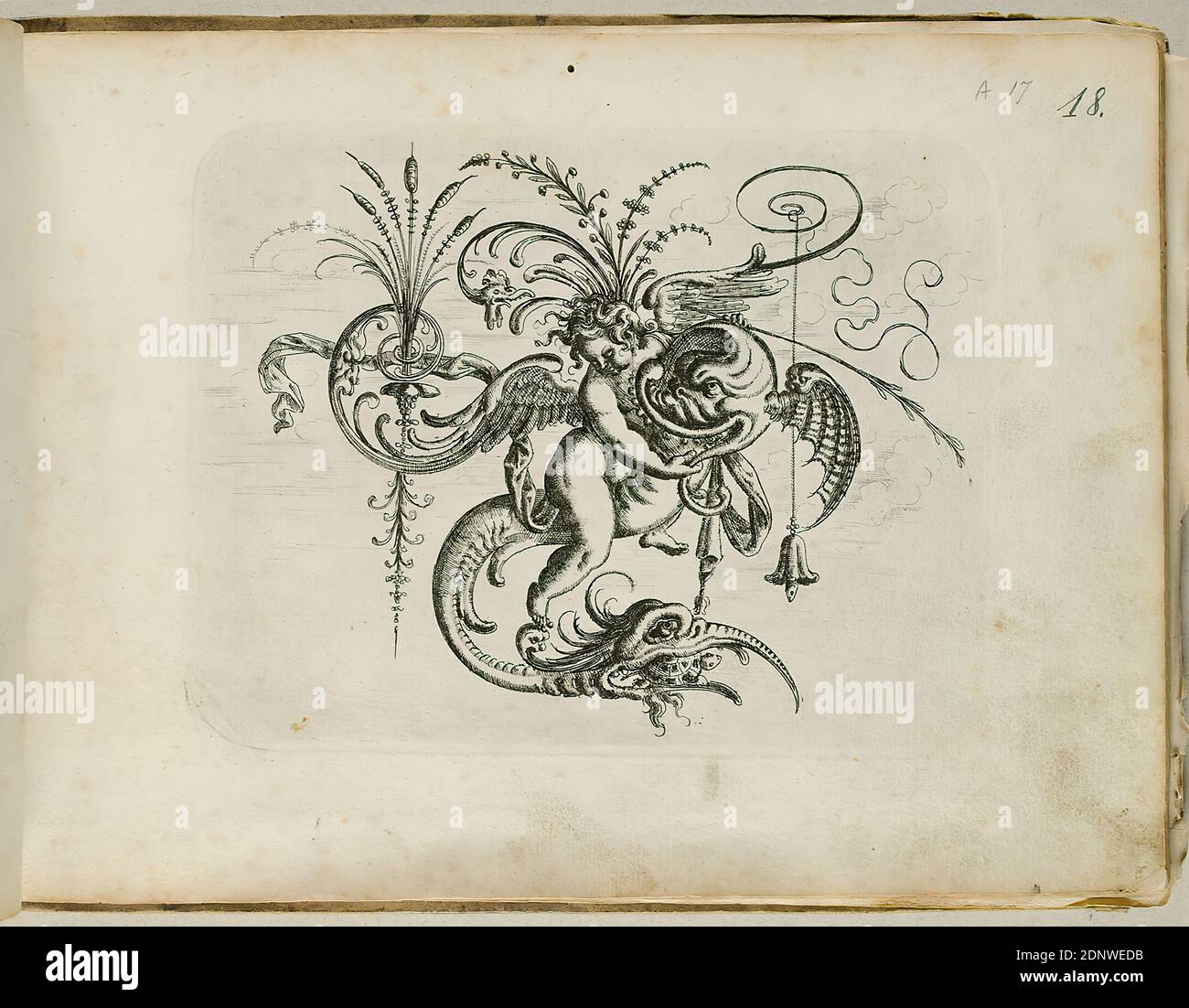 Christoph Jamnitzer, Putto, sheet from the Neuw Grotteßken book, paper, etching, sheet size: height: 19.90 cm; width: 27.70 cm, graphics, grotesque (ornament), ornaments Stock Photo