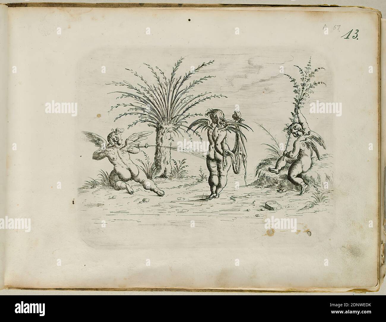 Christoph Jamnitzer, Playing three putti with water, leaf from the Neuw Grotteßken book, paper, etching, sheet size: height: 19.90 cm; width: 27.70 cm, prints, printed matter, cupids, putti, ornaments Stock Photo