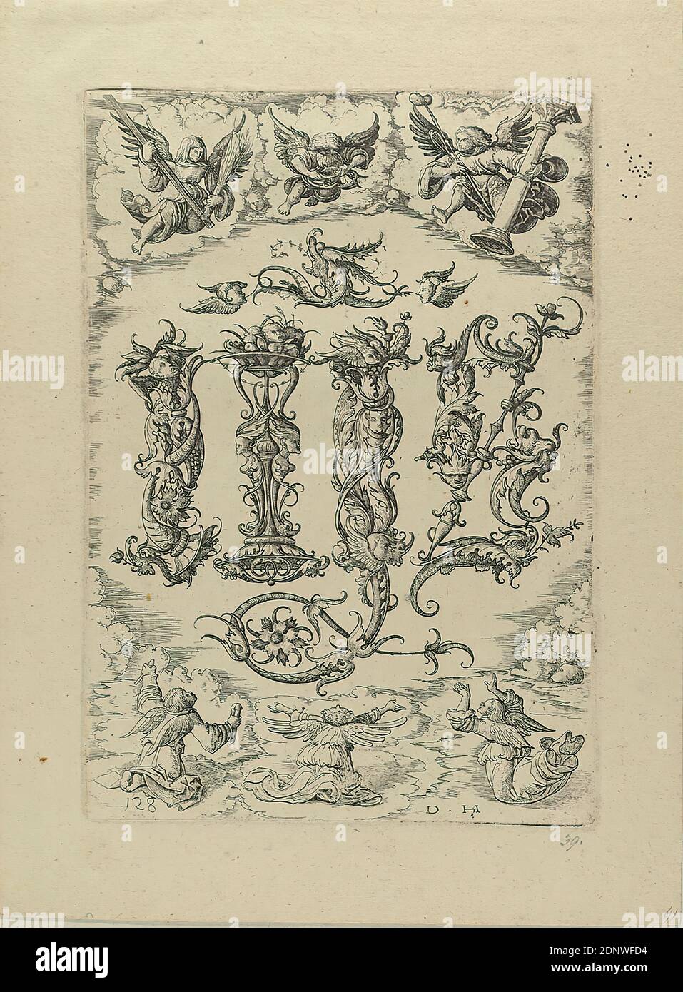 Daniel Hopfer, Decorated monogram Christi IHS, paper, etching, sheet size: height: 28,80 cm; width: 21,30 cm, monogrammed and numbered: in the plate: DH, 128, inscribed, by someone else in lead: 39, 4, printmaking,printing, IHS, Christ Monogram, Angels (Christian Religion), Arma Christi, Grotesque (Ornament), Renaissance, Decorated Monogram of Christ (IHS) and six Angels with the Instruments of Suffering, with funck- number 128 Stock Photo
