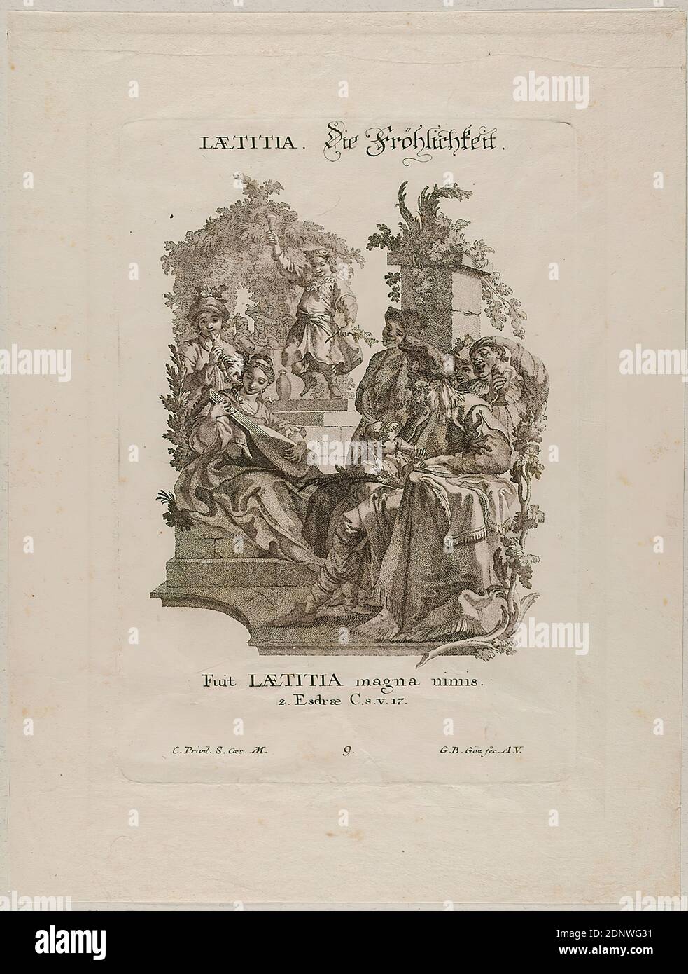 Gottfried Bernhard Göz, Die Fröhlichkeit, Punktiermanier, sheet size: height: 23,70 cm; width: 18,00 cm, signed, inscribed and numbered on the plate: LAETITIA. The Happiness, Fuit LAETITIA magna nimis. 2 Esdrae C. S. V. 17th, C. Privil. S. caes. M, 9th, G. B. Göz fec. A. V, prints, printed matter, Old Testament, Rocaille, sheet 9 from the series Passiones Animi aequae bonae ac malae, figuris biblicis Penicillo The good and bad sufferers of the human mind presented in biblical stories Stock Photo