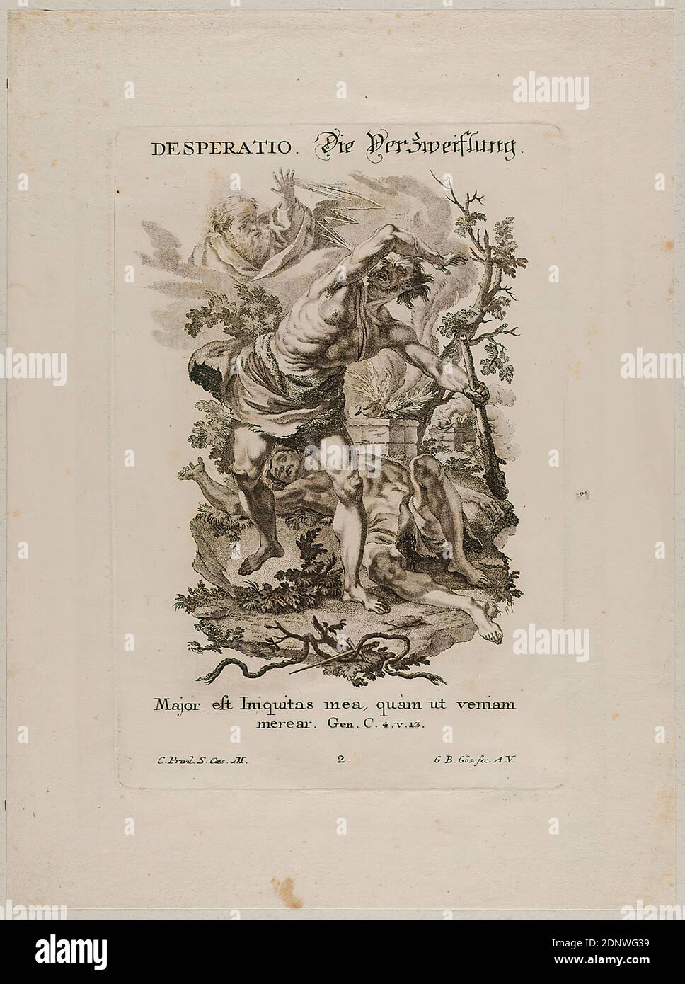 Gottfried Bernhard Göz, Cain and Abel (Die Verzweiflung), punctuation manner, sheet size: height: 23.70 cm; width: 17.60 cm, signed, inscribed and numbered on the plate: DESPERATIO. The Desperation, Major est Iniquitas mea, quam ut veniam merear. Gen. C. 4. V. 13, C. Privil. S. Caes. M, 2nd, G. B. Göz fec. A. V, prints, printed matter, Cain kills Abel, Rocaille, sheet 2 from the series Passiones Animi aequae bonae ac malae, figuris biblicis Penicillo The good and bad sufferers of the human mind presented in biblical stories Stock Photo